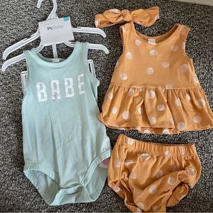 PL Baby 24m toddler girl outfit “Babe” onesie & orange white polka dot 4 pc set